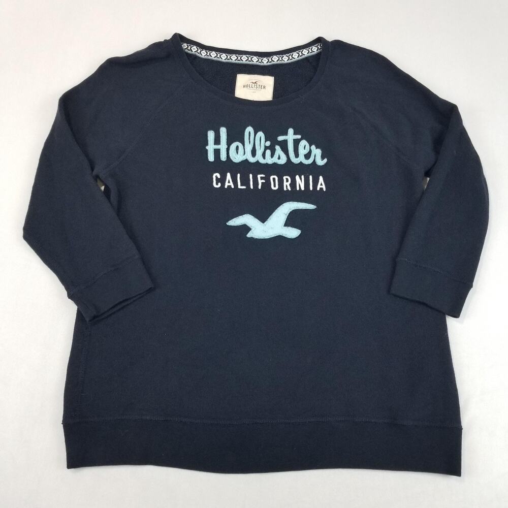 Hollister Sweater Womens Large Navy Blue 3/4 Sleeve Logo Sweatshirt Pullover Y2K